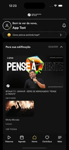 Tela inicial do App IBTAUÁ, com mensagens da IBTAUÁ TV